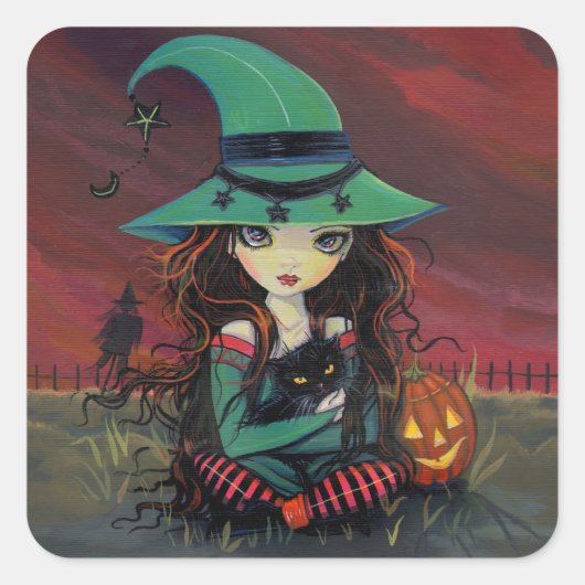小さな魔女と黒猫のハロウィンステッカー スクエアシール (正面)