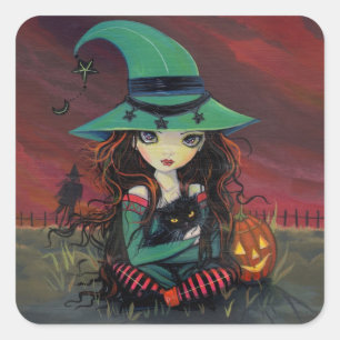小さな魔女と黒猫のハロウィンステッカー スクエアシール