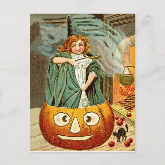 小さな魔女の女の子は大きなカボチャの上の料理である ポストカード (正面)
