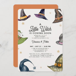 小さな魔女の女の子オレンジのハロウィーン赤ちゃんシャワー 招待状