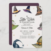 小さな魔女の女の子パープルハロウィーン赤ちゃんシャワー 招待状 (正面/裏面)