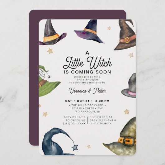 小さな魔女の女の子パープルハロウィーン赤ちゃんシャワー 招待状 (正面/裏面)