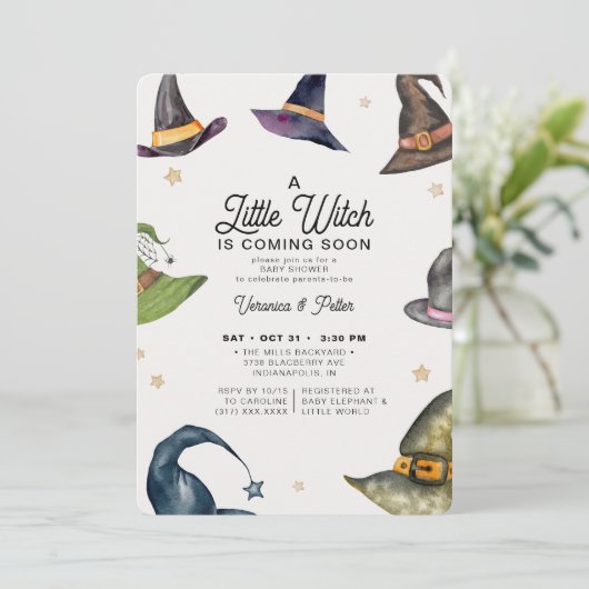 小さな魔女の女の子パープルハロウィーン赤ちゃんシャワー 招待状 (スタンド正面)