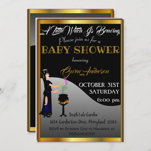 小さな魔女の赤ん坊シャワーハロウィーンゴールデン縁ど 招待状 (正面/裏面)