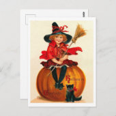 小さな魔女は大きなカボチャのヴィンテージに座っている ポストカード (正面/裏面)
