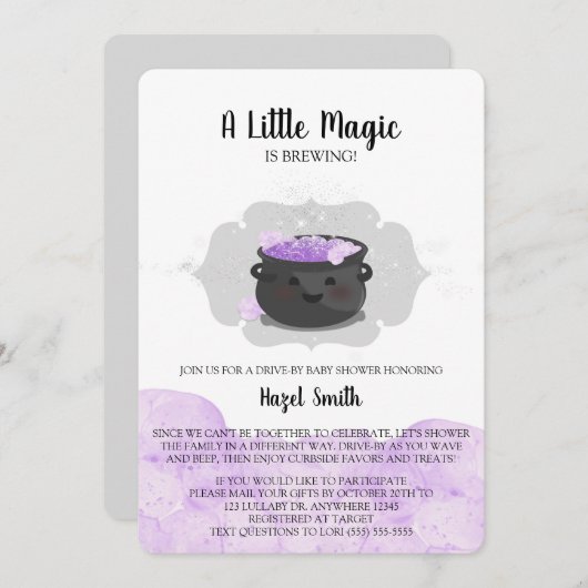 小さな魔法が赤ちゃんシャワーで車を運転している 招待状 (正面/裏面)