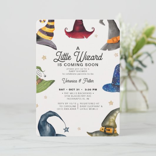 小さな魔法使い少年グレーのハロウィーンの赤ちゃんシャワー 招待状 (スタンド正面)