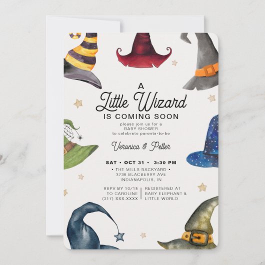 小さな魔法使い少年グレーのハロウィーンの赤ちゃんシャワー 招待状 (正面)