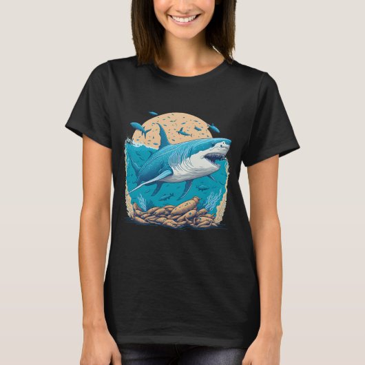 小さな魚と泳ぐホホジロザメ Tシャツ (正面)