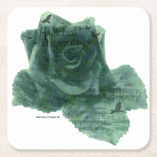 小さな鳥がバラ スクエアペーパーコースター (正面)