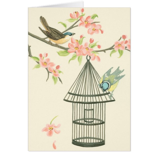 小さな鳥が枝に止まり鳥籠に止まる (正面)