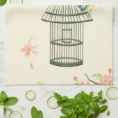 小さな鳥が枝に止まり鳥籠に止まる キッチンタオル (折り畳み)