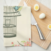 小さな鳥が枝に止まり鳥籠に止まる キッチンタオル (四つ折り)