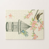 小さな鳥が枝に止まり鳥籠に止まる ジグソーパズル (横)