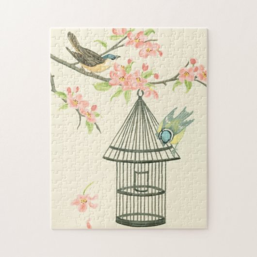 小さな鳥が枝に止まり鳥籠に止まる ジグソーパズル (縦)