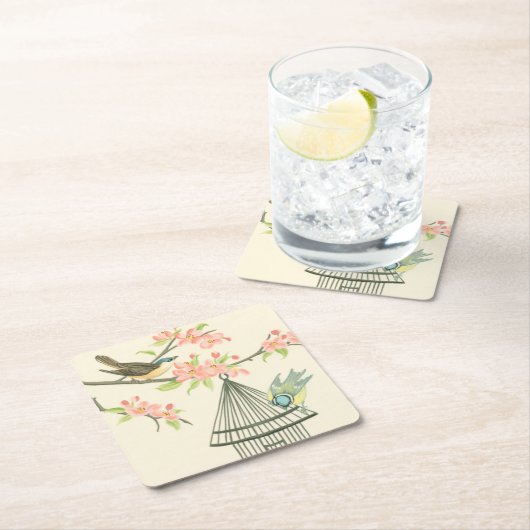 小さな鳥が枝に止まり鳥籠に止まる スクエアペーパーコースター (インサイチュ)