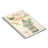 小さな鳥が枝に止まり鳥籠に止まる ノートブック (右側)