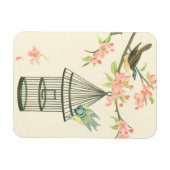 小さな鳥が枝に止まり鳥籠に止まる マグネット (横)