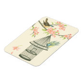 小さな鳥が枝に止まり鳥籠に止まる マグネット (左側)