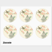 小さな鳥が枝に止まり鳥籠に止まる ラウンドシール (シート)