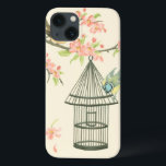 小さな鳥が枝に止まり鳥籠に止まる iPhone 13ケース<br><div class="desc">ナンシー・スローンは絵を描年間ずっと多くの鳥を持っている。ピンク色の花に囲まれた枝に浮かび上がり、鳥の鳥の群れを不思議に思わせる小さな青と黄色の2羽の鳥を描いた画像。この鳥をテーマカッコいいにしたアート作品をZazzle製品で今日入手しよう。</div>