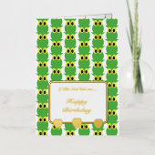 小さな鳥が私に緑のフクロウのハッピーバースデーを言った 箔グリーティングカード (正面)