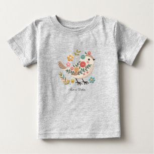 小さな鳥が花を離れる ピンクのベビーTシャツ ベビーTシャツ