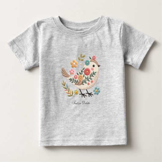 小さな鳥が花を離れる ピンクのベビーTシャツ ベビーTシャツ (正面)