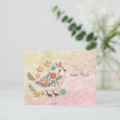 小さな鳥が花を離れる ピンクの葉のポストカード ポストカード (スタンド正面)