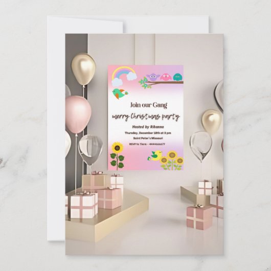 小さな鳥と花のテーマ – クリスマス招待状 招待状 (正面)