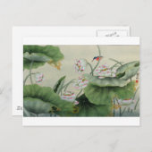 小さな鳥と蓮の日本のヴィンテージ ポストカード (正面/裏面)