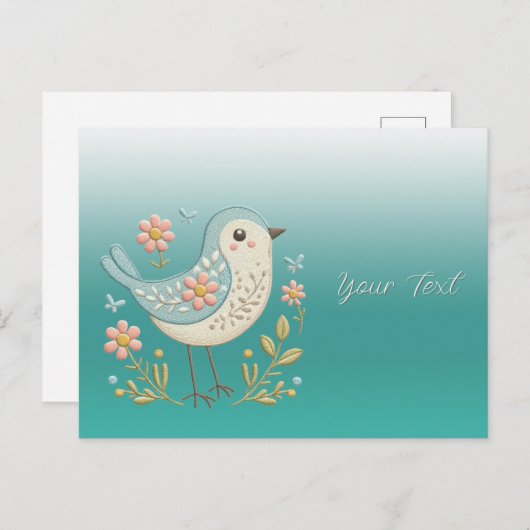 小さな鳥の花刺繍グリーンポストカード ポストカード (正面/裏面)