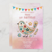 小さな鳥の花柄ピンクの誕生日パーティー招待状 招待状 (正面/裏面)