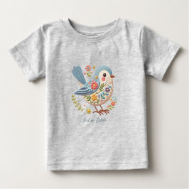 小さな鳥の花柄ブルー ベビーTシャツ