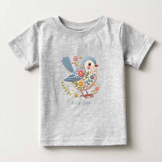 小さな鳥の花柄ブルー ベビーTシャツ (正面)