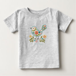 小さな鳥の花緑の葉の赤ちゃんTシャツ ベビーTシャツ