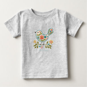 小さな鳥の花緑の葉の赤ちゃんTシャツ ベビーTシャツ