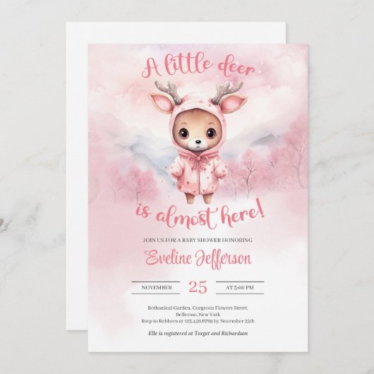 小さな鹿がピンクのトナカイの女の子 招待状 (正面/裏面)