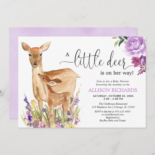 小さな鹿が彼女の道を、かわいい子鹿シャワー 招待状 (正面/裏面)
