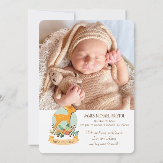 小さな鹿の写真 出生発表 案内状 (正面)