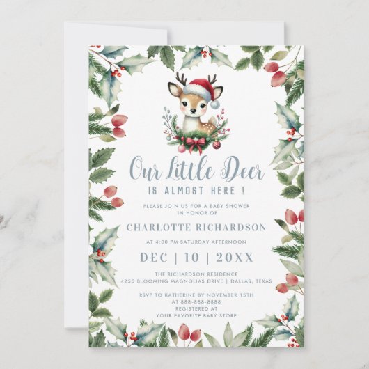 小さな鹿の赤ちゃんシャワーかわいい冬のクリスマスボーイ 招待状 (正面)