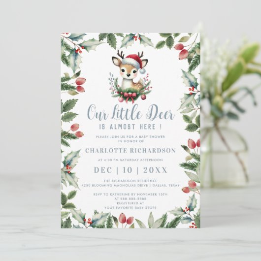 小さな鹿の赤ちゃんシャワーかわいい冬のクリスマスボーイ 招待状 (スタンド正面)
