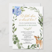 小さな鹿の青い金ゴールド男の赤ちゃんカップルのシャワー 招待状 (正面)