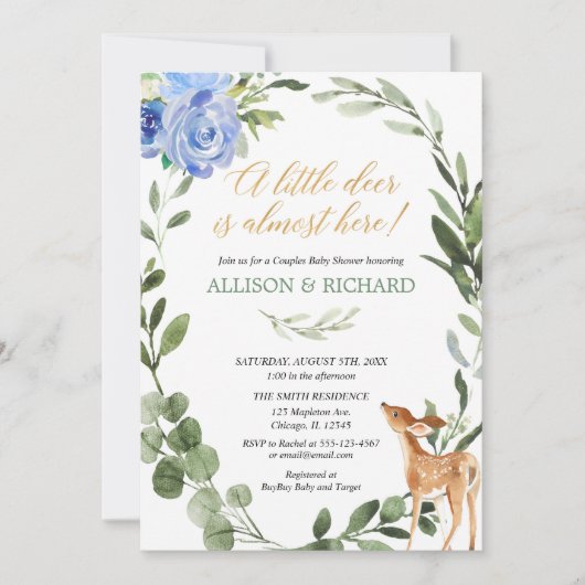 小さな鹿の青い金ゴールド男の赤ちゃんカップルのシャワー 招待状 (正面)