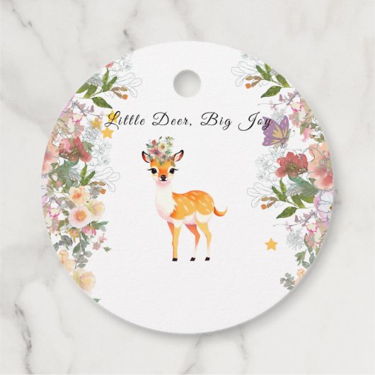 小さな鹿、大きな喜びピンクの花ベビーシャワーテーマ フェイバータグ (裏面)