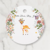小さな鹿、大きな喜びピンクの花ベビーシャワーテーマ フェイバータグ (正面)