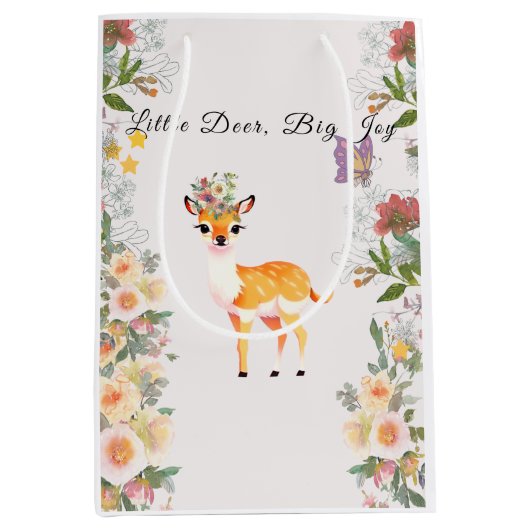 小さな鹿、大きな喜びピンクの花ベビーシャワーテーマ ミディアムペーパーバッグ (正面)