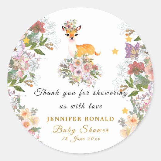 小さな鹿、大きな喜びピンクの花ベビーシャワーテーマ ラウンドシール (正面)