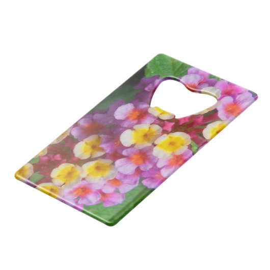 小さな黄色のピンクと紫の熱帯の花 クレジットカード栓抜き (正面アングル)