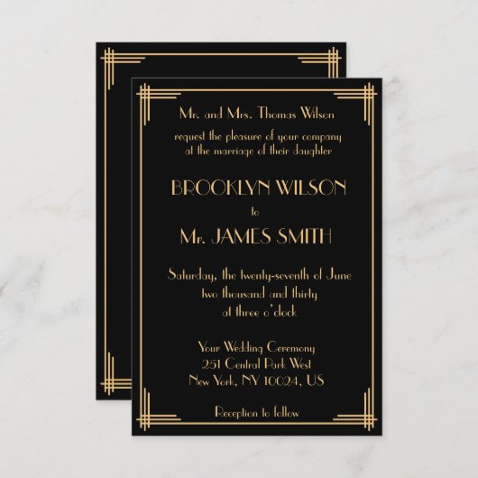 小さな黒いギャツビー素晴らしのアールデコ結婚式の招待 招待状 (正面/裏面)